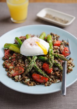 Warm British Asparagus & Lentil Salad with Poached Eggs