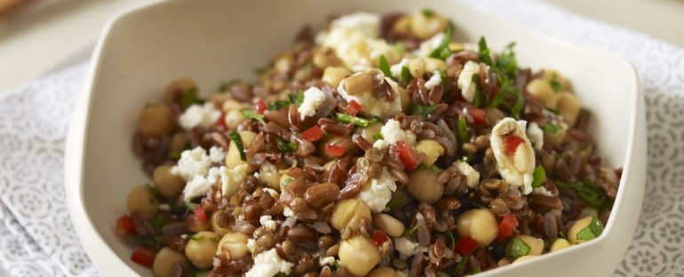 Chickpea, red rice, and artichoke salad